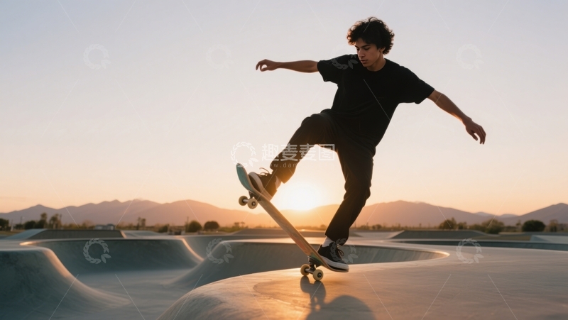 高清大图下载【趣麦麦图】暮色里滑板者英姿