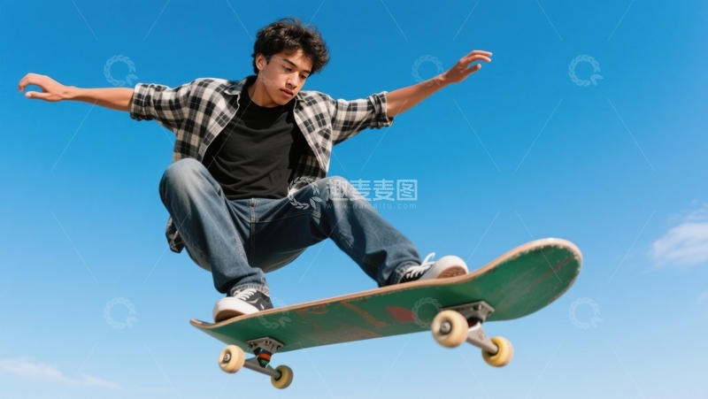 高清大图下载【趣麦麦图】格纹青年滑板飞跃