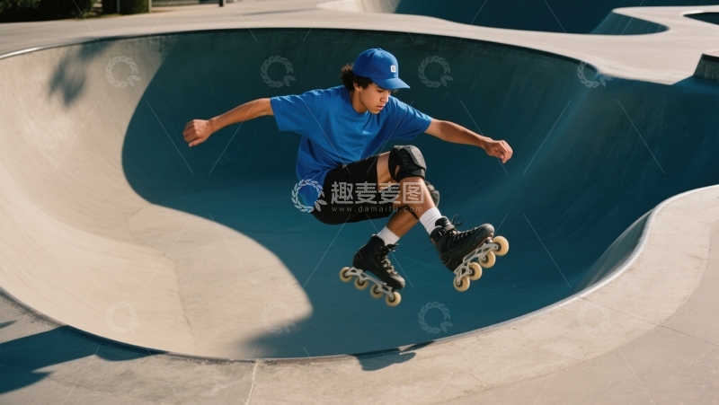 高清大图下载【趣麦麦图】蓝帽小伙轮滑飞扬