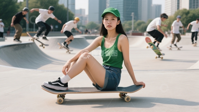 高清大图下载【趣麦麦图】绿衣少女滑板休憩