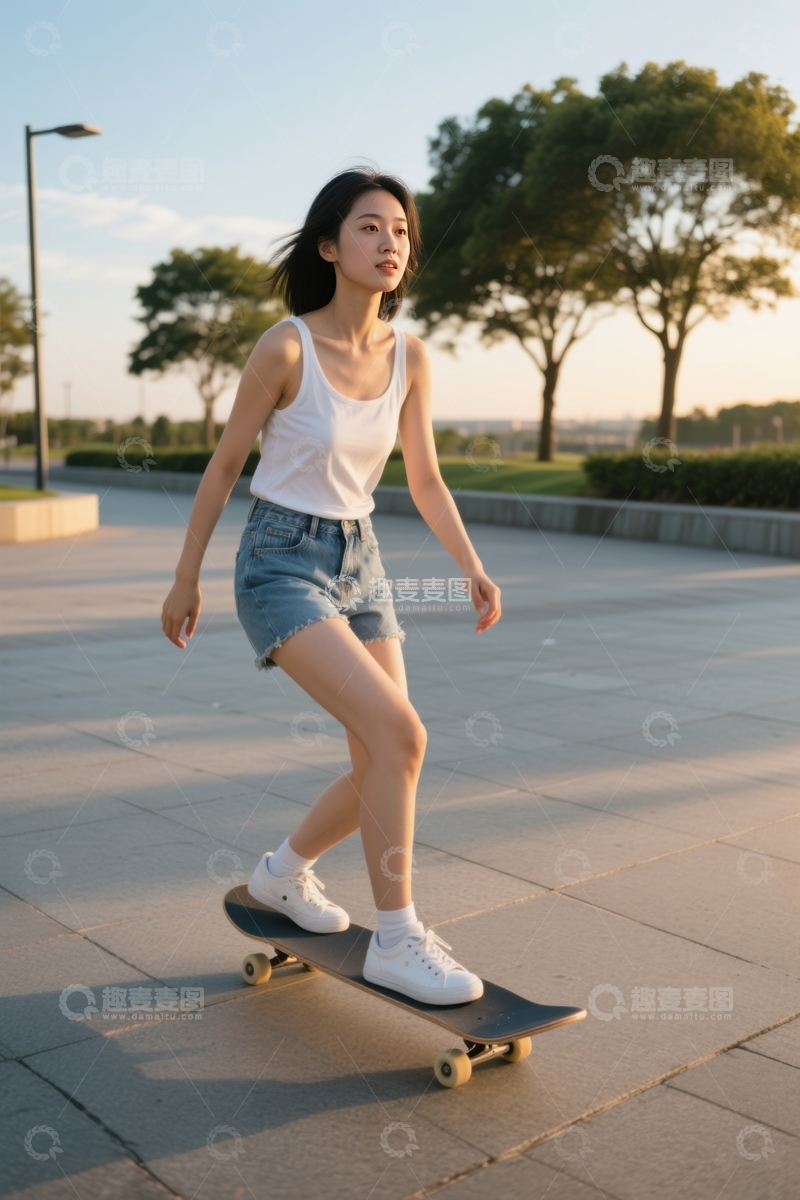 高清大图下载【趣麦麦图】夕阳步道女子滑行