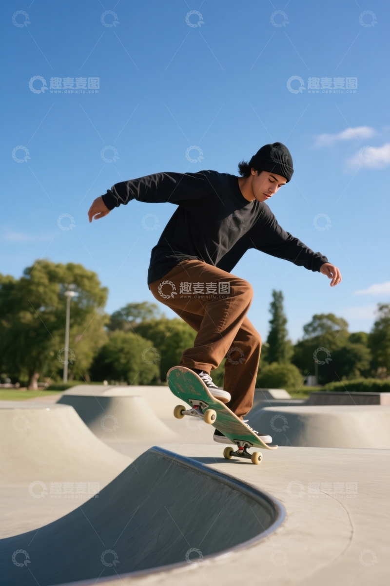 高清大图下载【趣麦麦图】蓝天滑板场黑衣腾跃