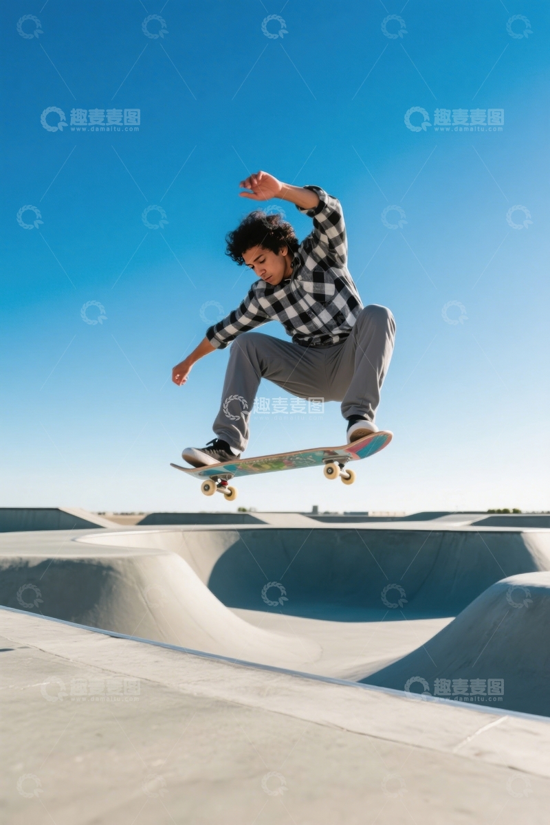 高清大图下载【趣麦麦图】滑板场格子衫男飞跃