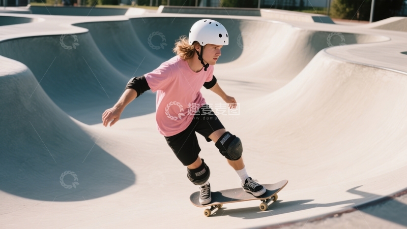 高清大图下载【趣麦麦图】白盔少年滑板畅行