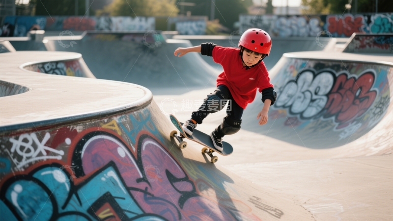 高清大图下载【趣麦麦图】红衣萌童滑板初秀