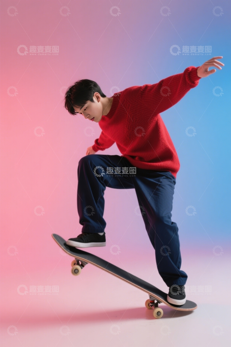高清大图下载【趣麦麦图】粉蓝渐变滑板动感