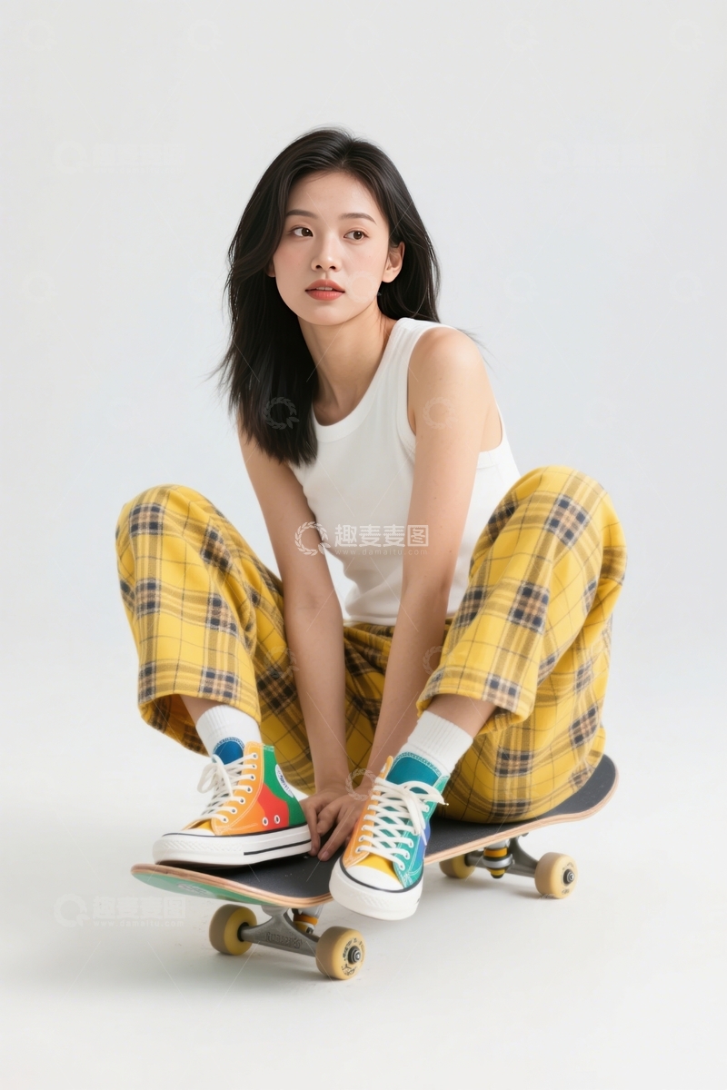 高清大图下载【趣麦麦图】纯白背景滑板时尚姿