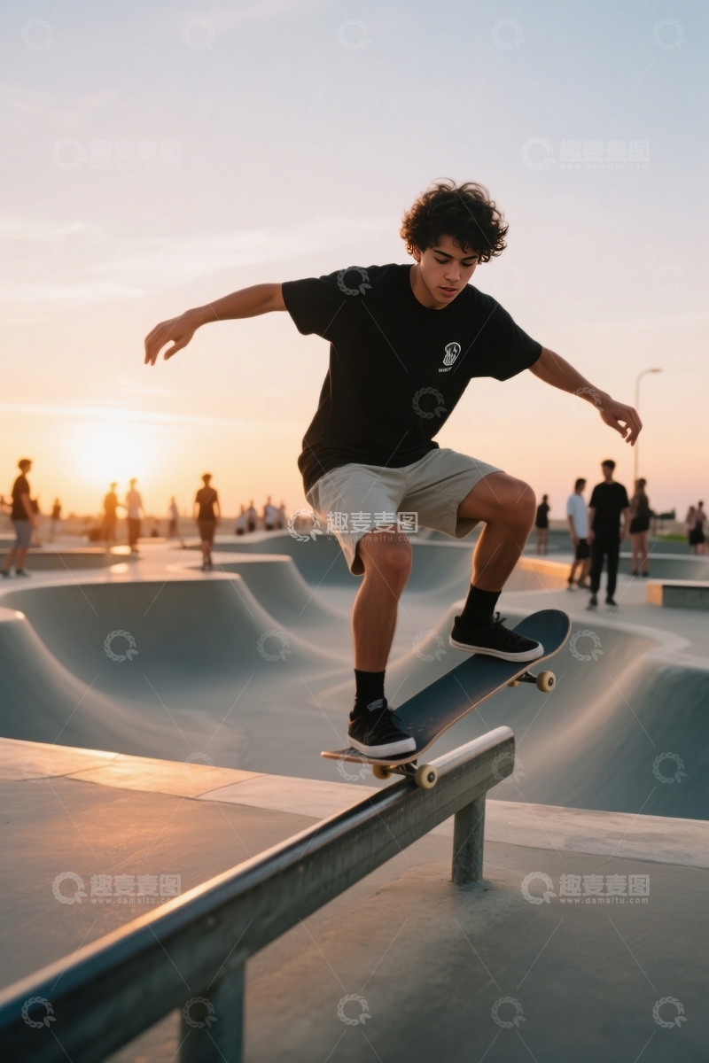 高清大图下载【趣麦麦图】夕阳滑板场栏杆技巧