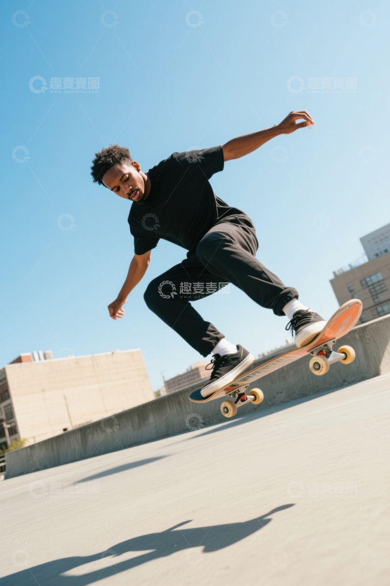 高清大图下载【趣麦麦图】城市滑板场黑装腾跃