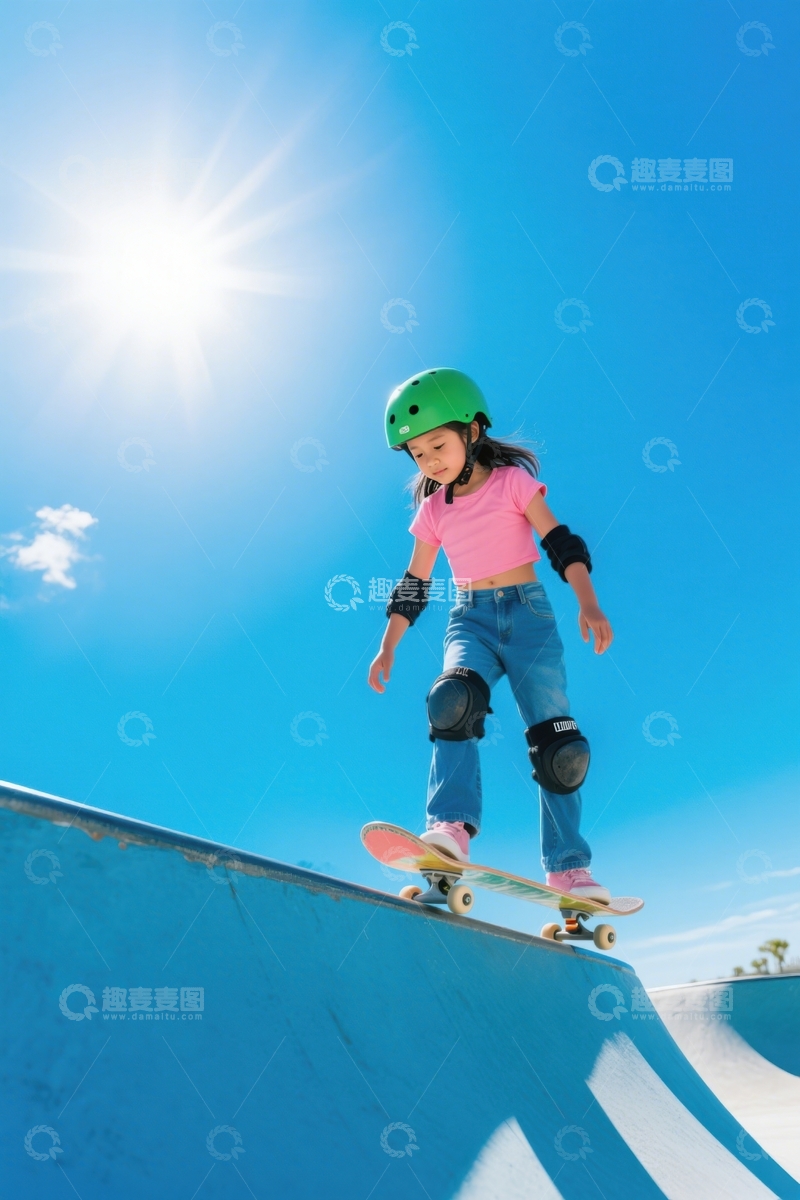 高清大图下载【趣麦麦图】蓝天滑板场女童平衡