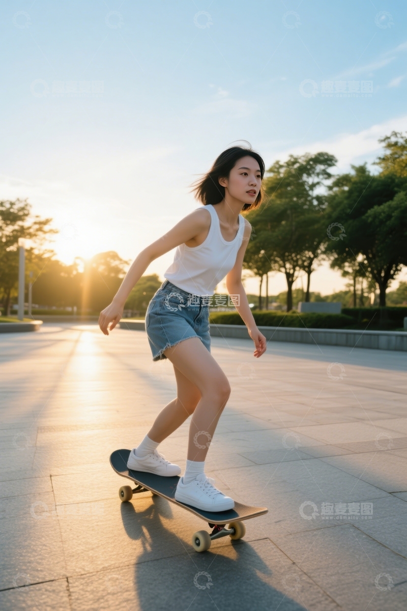 高清大图下载【趣麦麦图】夕阳广场滑板悠然