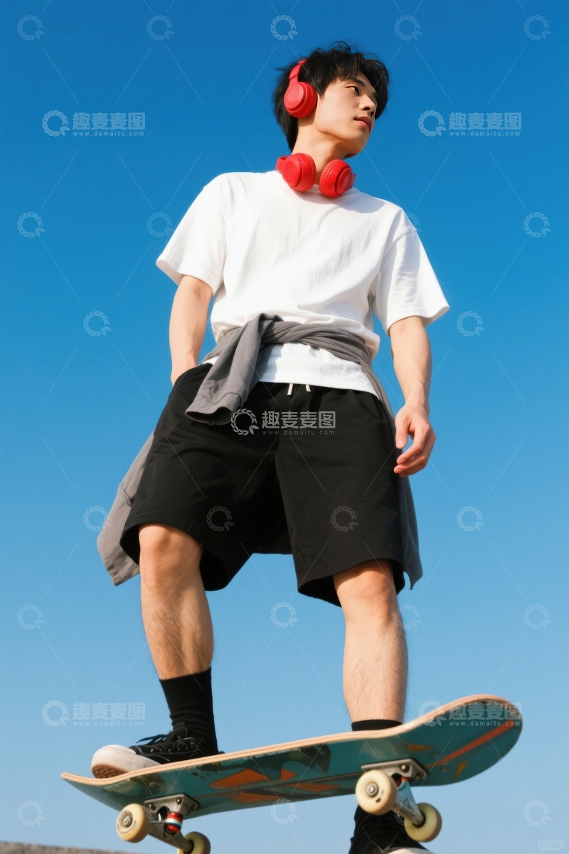 高清大图下载【趣麦麦图】蓝天下滑板者静立