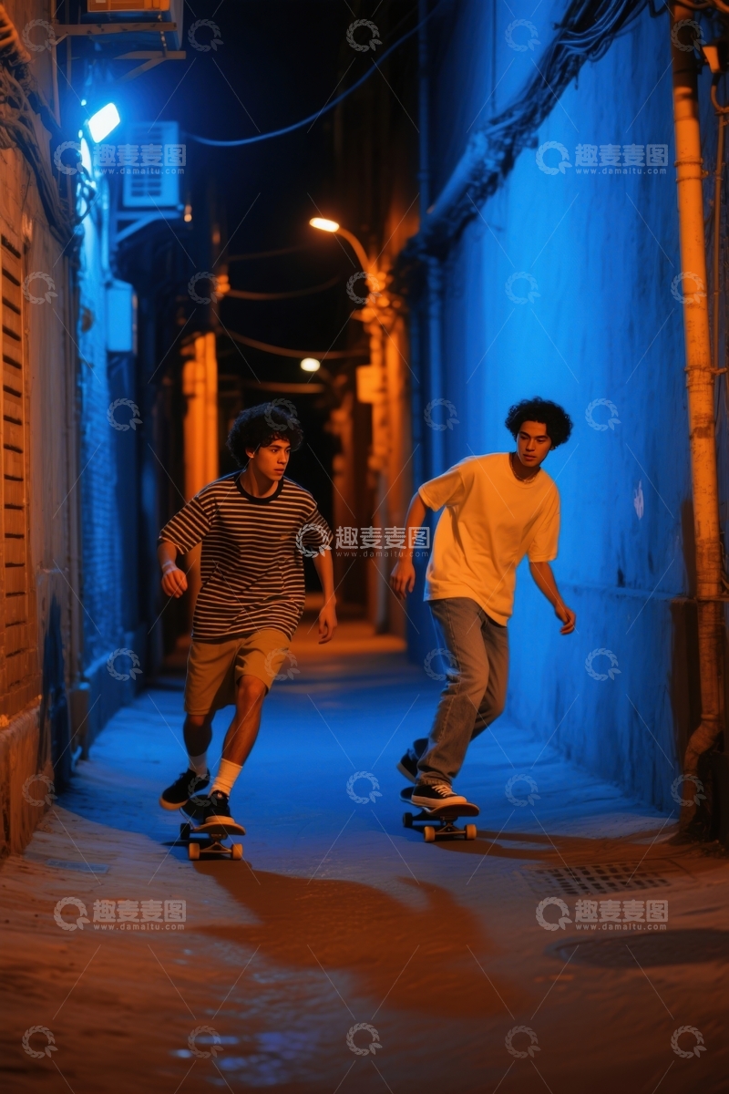 高清大图下载【趣麦麦图】暗夜小巷滑板双行影