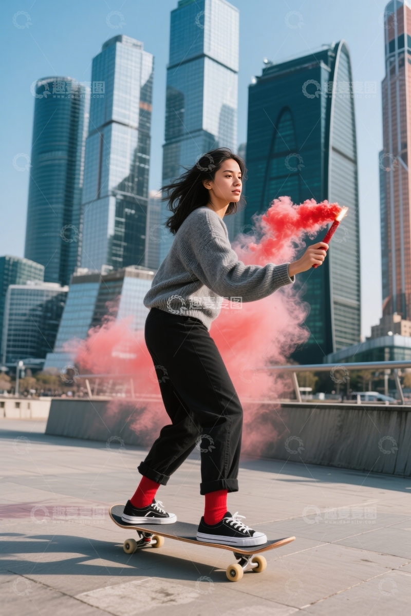 高清大图下载【趣麦麦图】都市高楼滑板彩烟秀