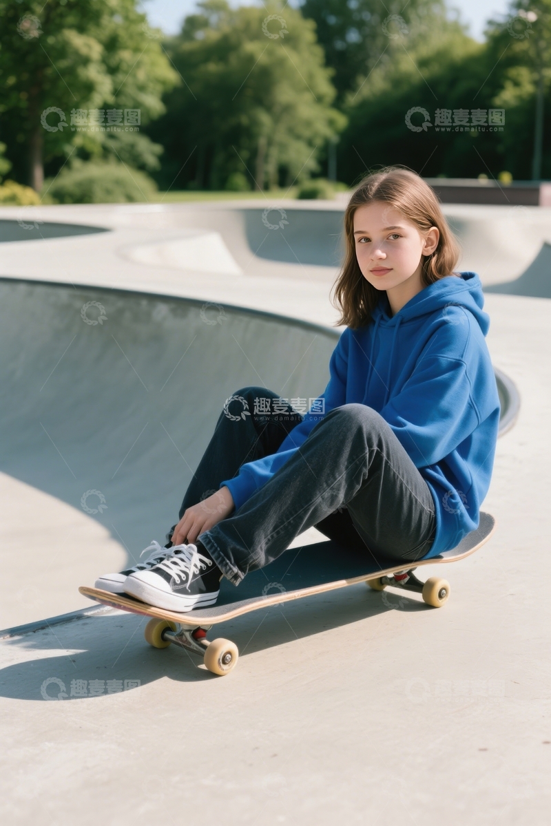 高清大图下载【趣麦麦图】滑板场蓝帽少女休憩