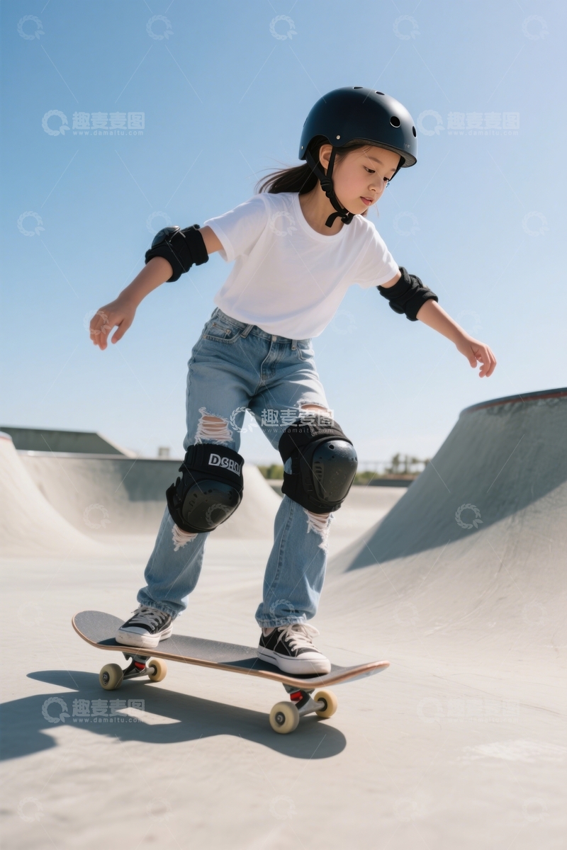 高清大图下载【趣麦麦图】滑板场女童防护滑行