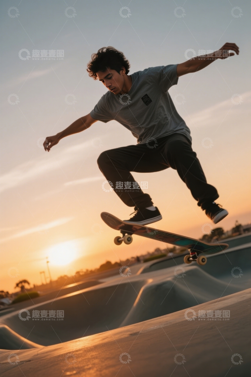 高清大图下载【趣麦麦图】夕阳滑板场精彩一跃