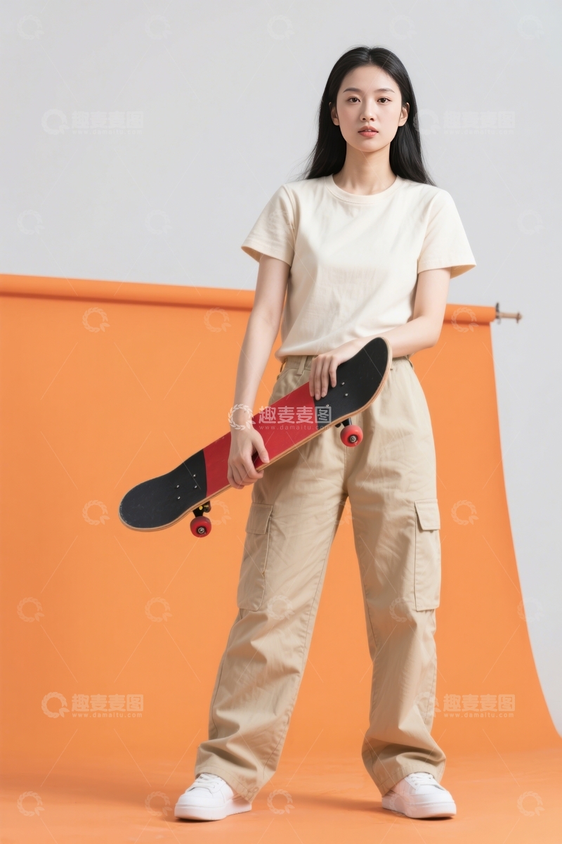 高清大图下载【趣麦麦图】橙色背景滑板女酷感