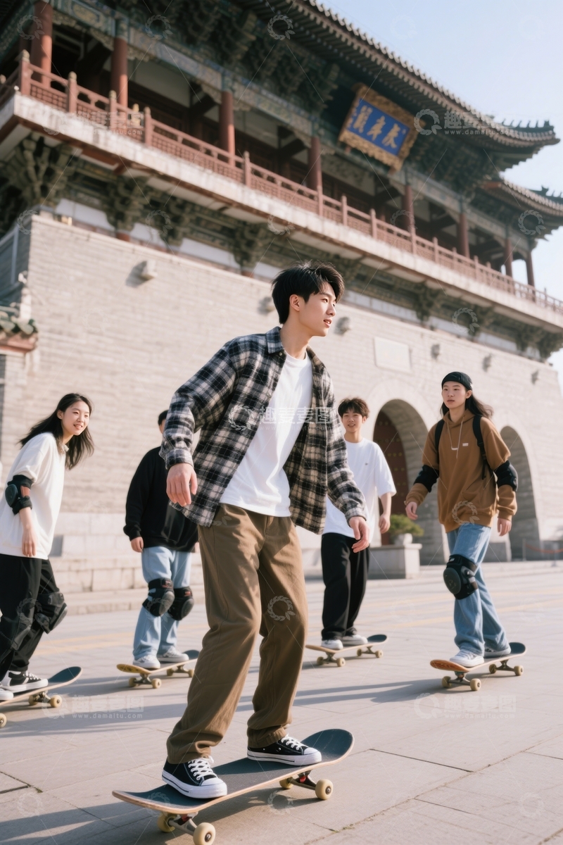 高清大图下载【趣麦麦图】古建筑前滑板群体行