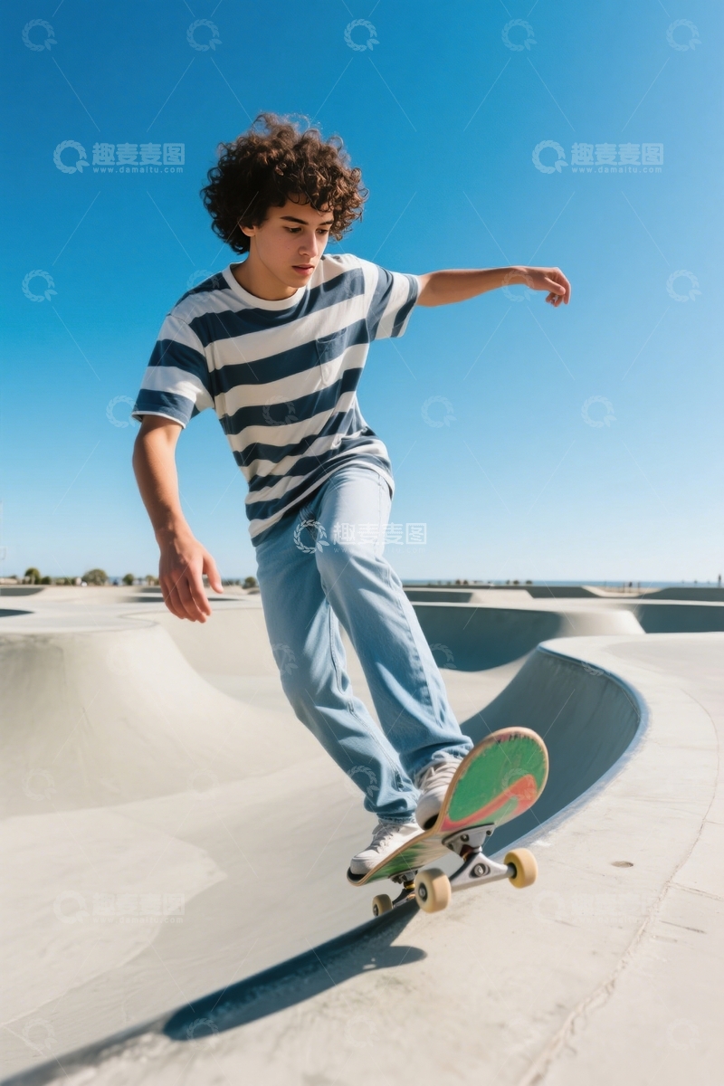 高清大图下载【趣麦麦图】蓝天下条纹衫滑板少年