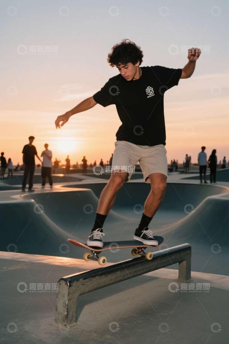 高清大图下载【趣麦麦图】夕阳滑板场栏杆技巧秀