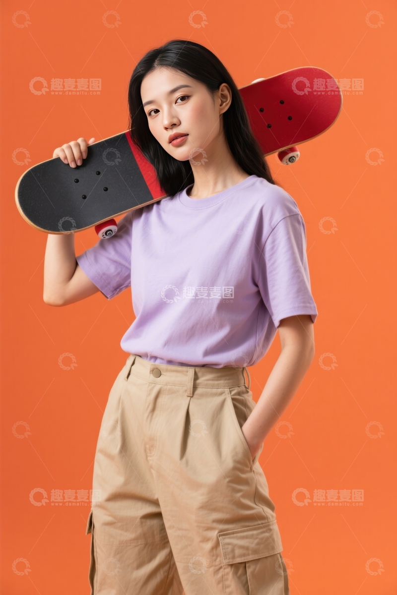 高清大图下载【趣麦麦图】橙色背景滑板少女酷感