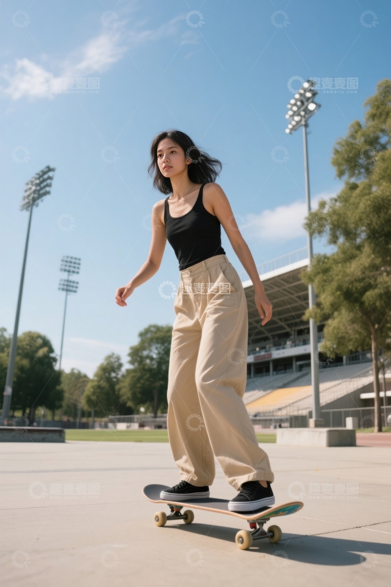 高清大图下载【趣麦麦图】体育场前女子滑板