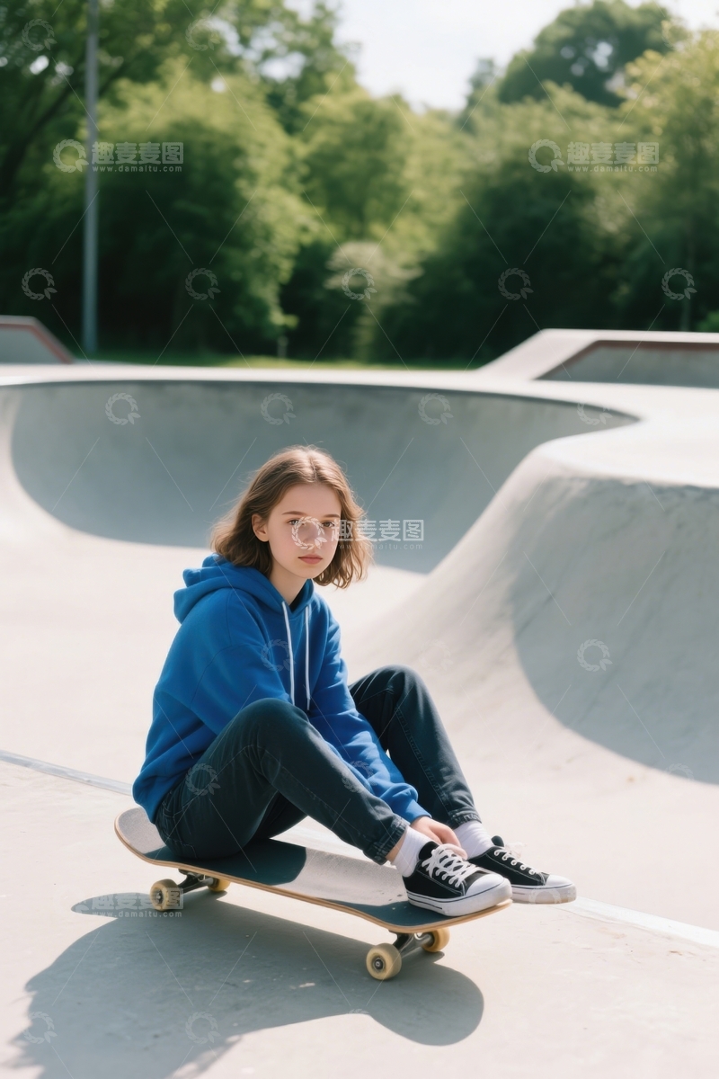 高清大图下载【趣麦麦图】滑板场蓝帽少女静思