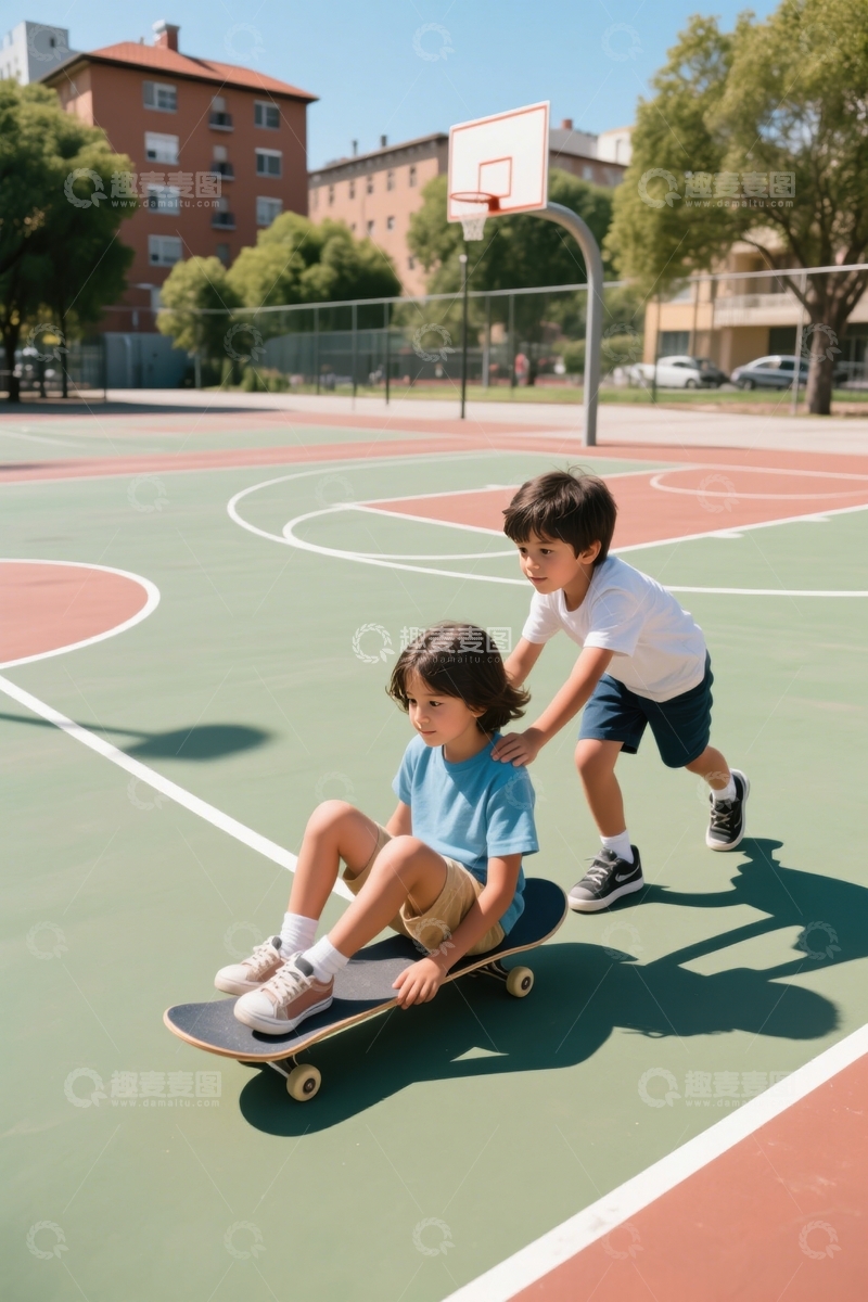 高清大图下载【趣麦麦图】孩童篮球场滑板嬉戏