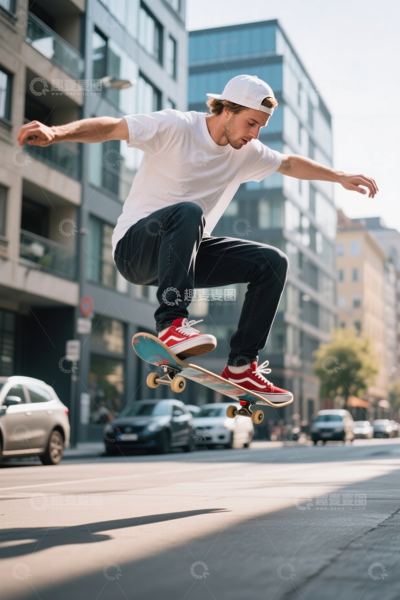高清大图下载【趣麦麦图】都市街头滑板者腾跃