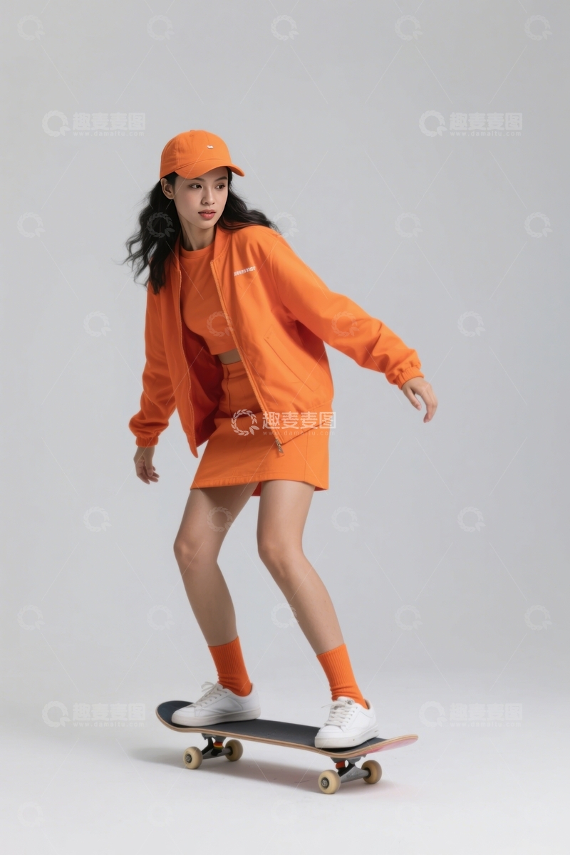 高清大图下载【趣麦麦图】纯色背景橙色滑板秀