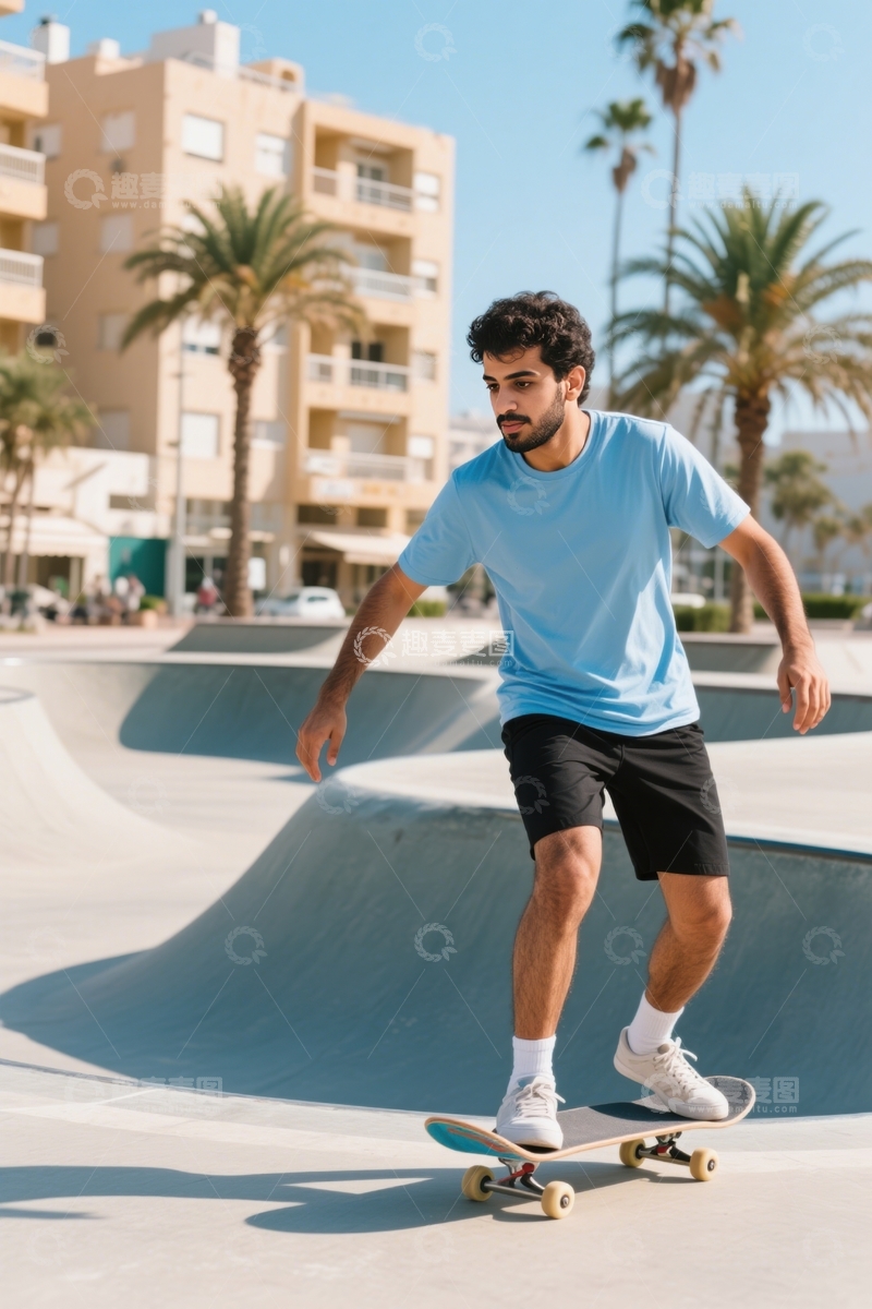 高清大图下载【趣麦麦图】滑板场蓝衫男子滑行