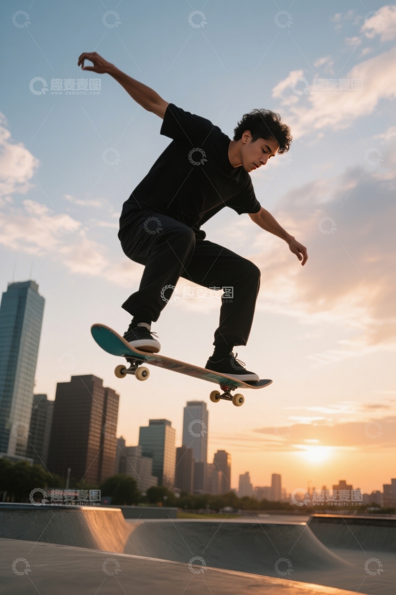 高清大图下载【趣麦麦图】夕阳下滑板者的飞跃