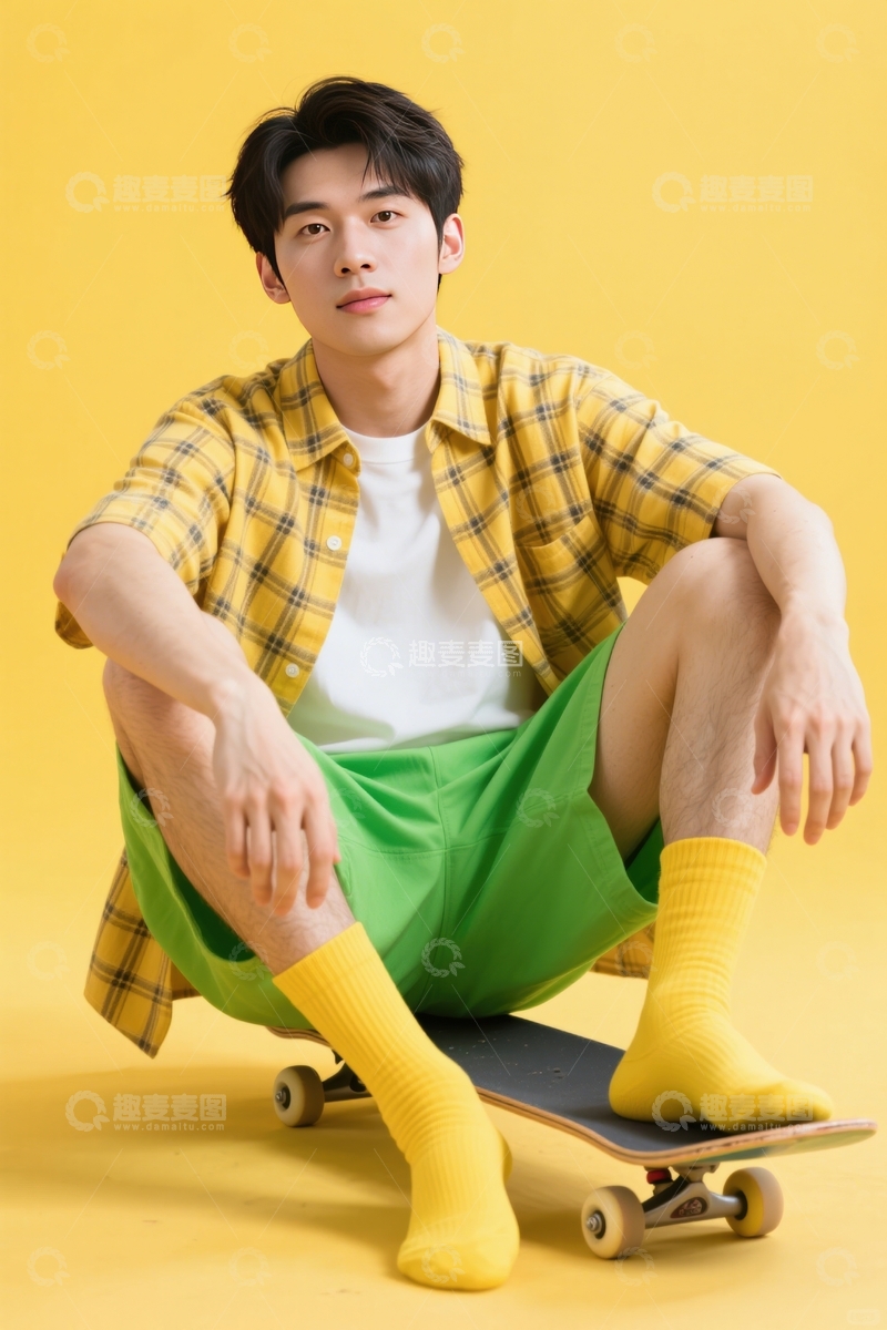 高清大图下载【趣麦麦图】黄色背景滑板者静思
