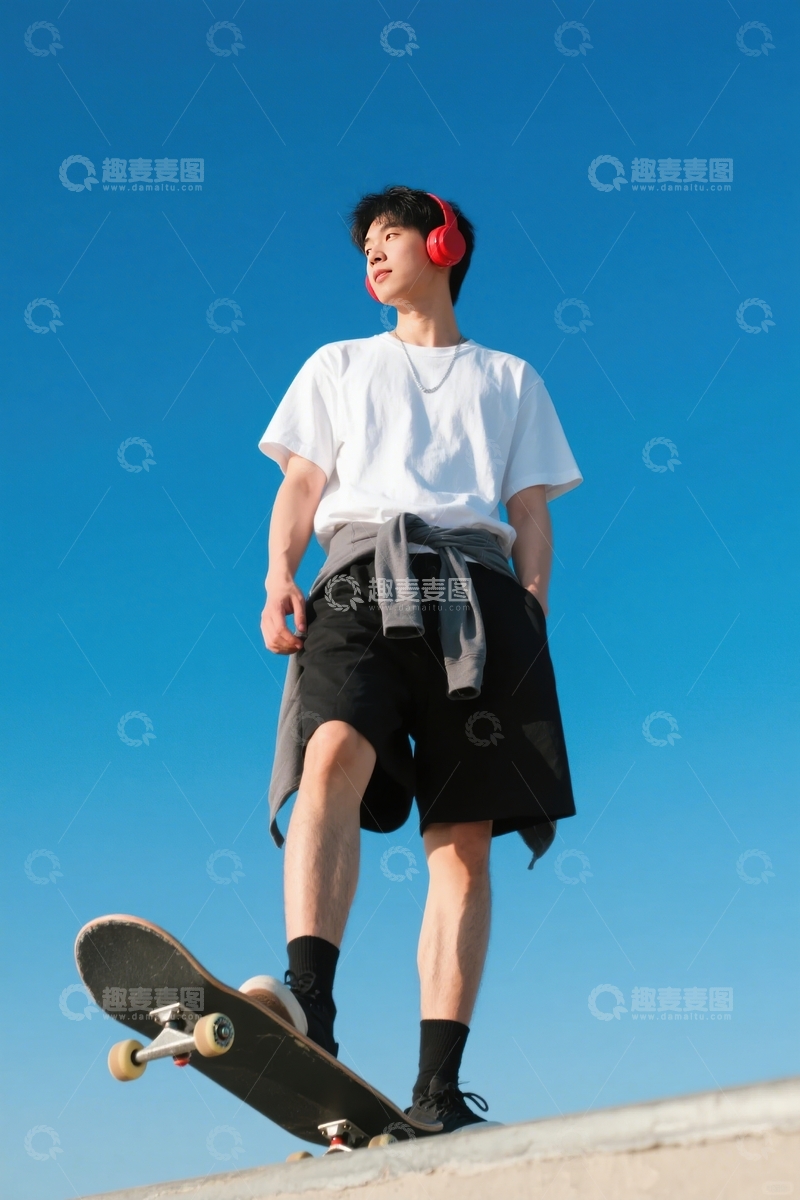 高清大图下载【趣麦麦图】蓝天之下滑板少年
