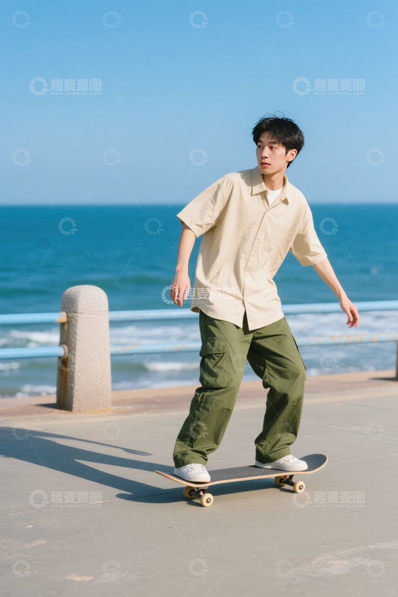 高清大图下载【趣麦麦图】海滨男子滑板休闲风