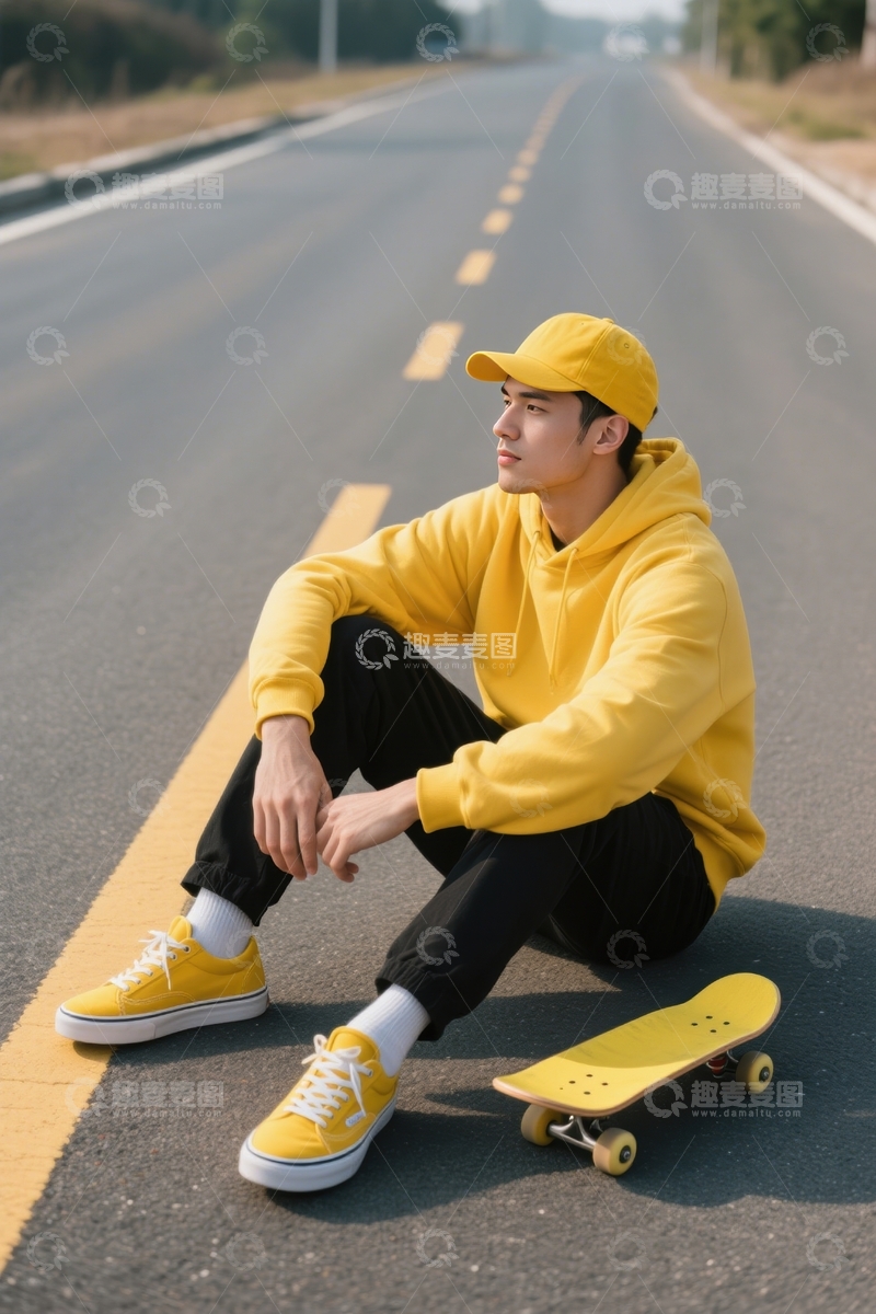 高清大图下载【趣麦麦图】公路边的滑板休憩者