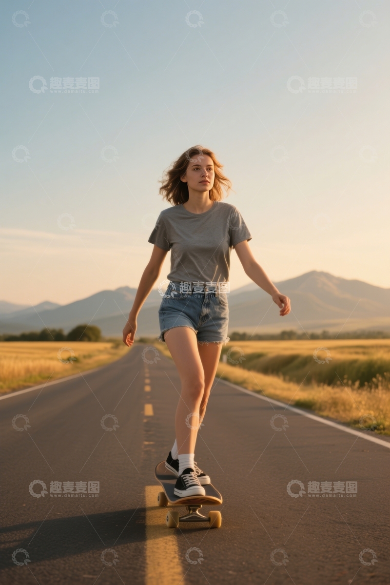高清大图下载【趣麦麦图】女子公路夕阳下惬意滑板
