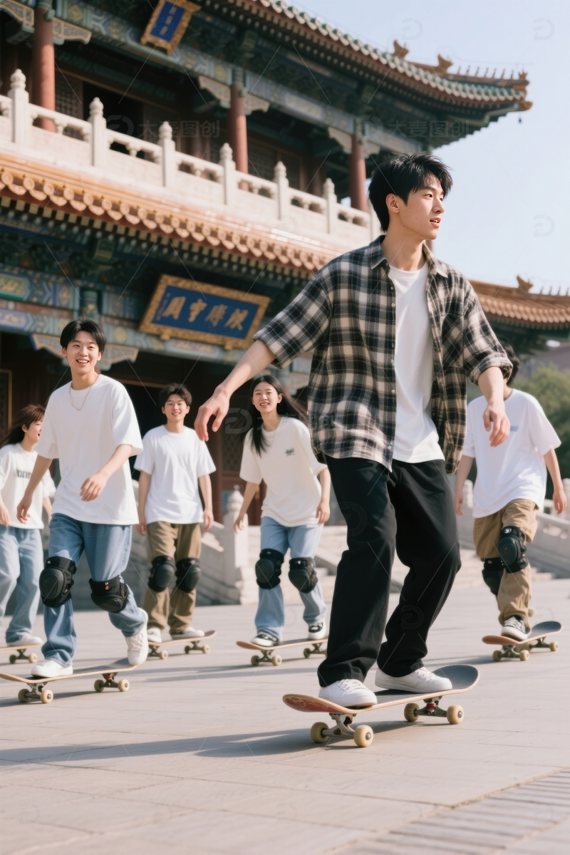 高清大图下载【趣麦麦图】古建筑前滑板群风采