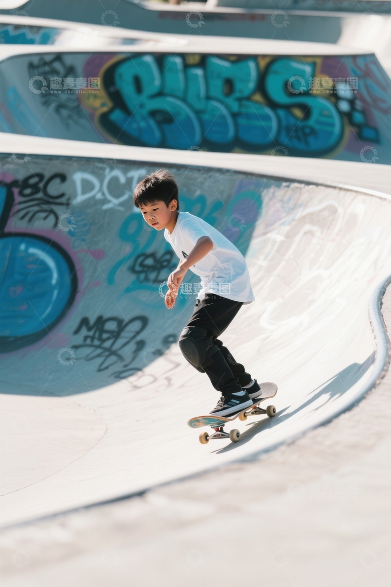 高清大图下载【趣麦麦图】孩童滑板场专注滑行练习