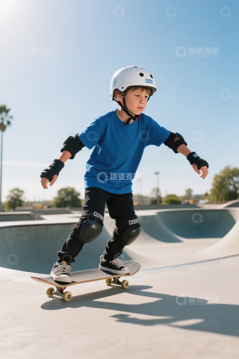 高清大图下载【趣麦麦图】孩童滑板场防护完备滑行