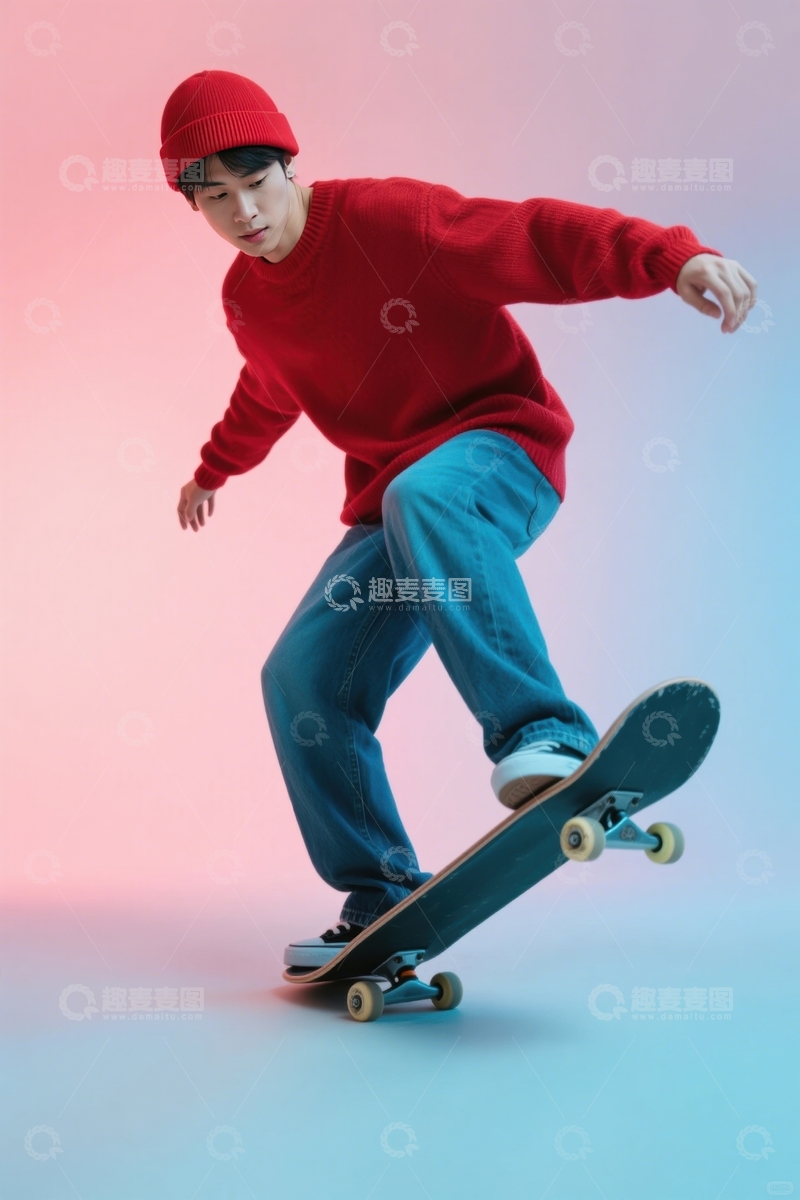 高清大图下载【趣麦麦图】红衣青年滑板跳跃瞬间