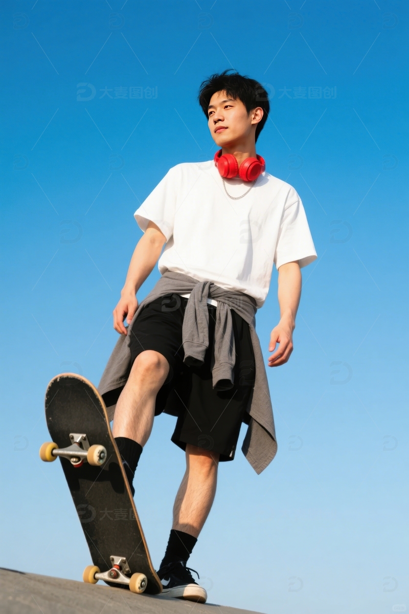 蓝天滑板者的休闲姿态