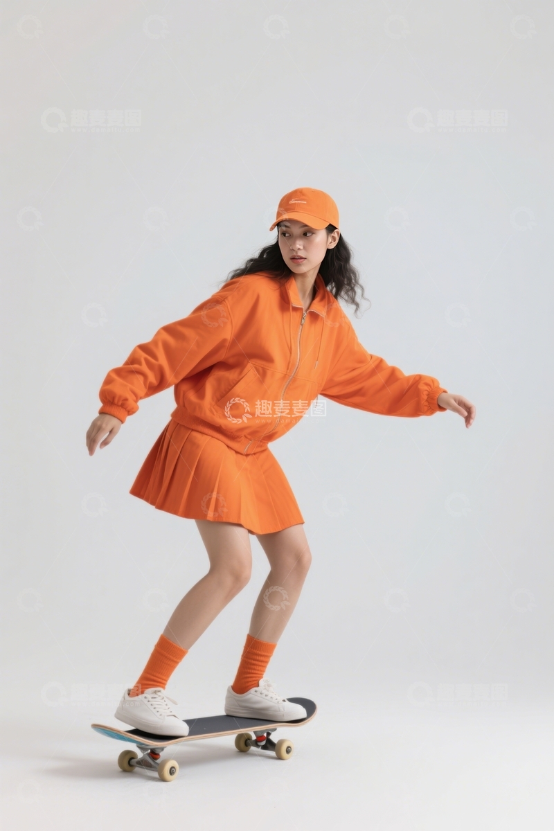 高清大图下载【趣麦麦图】橙衣少女滑板时尚秀