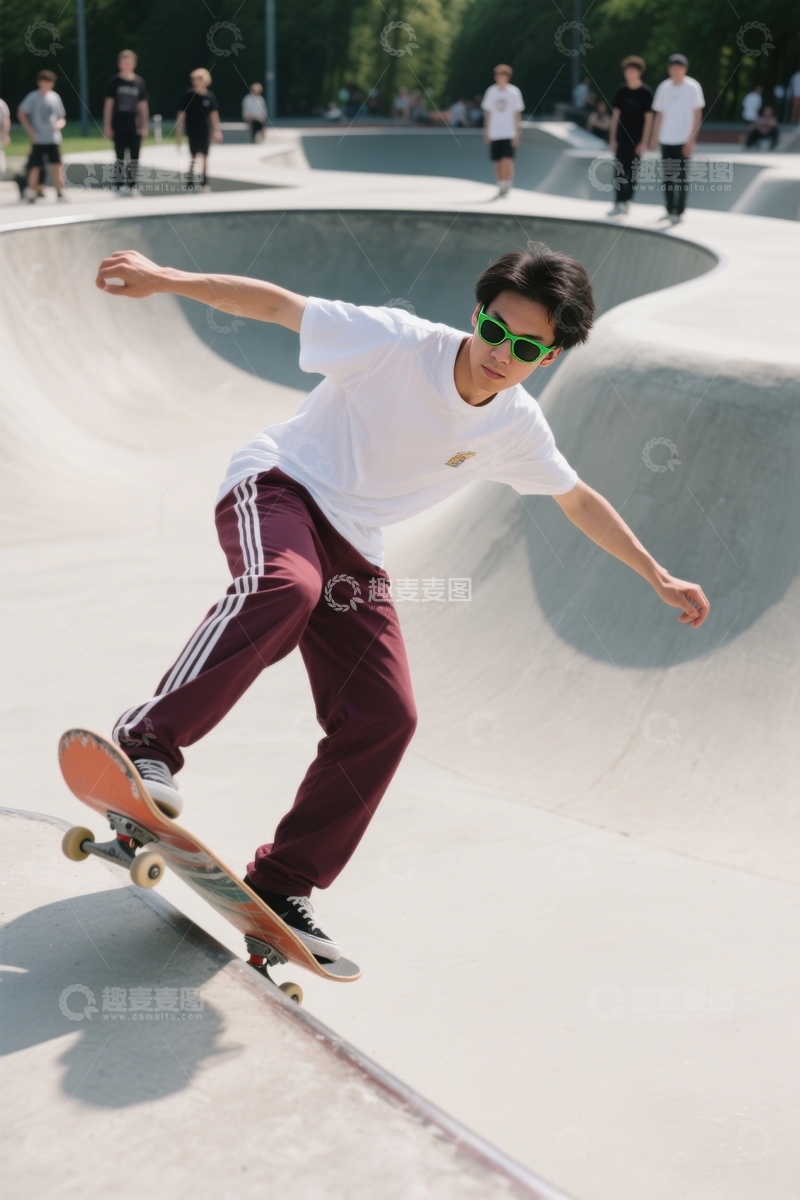高清大图下载【趣麦麦图】墨镜少年滑板场炫技