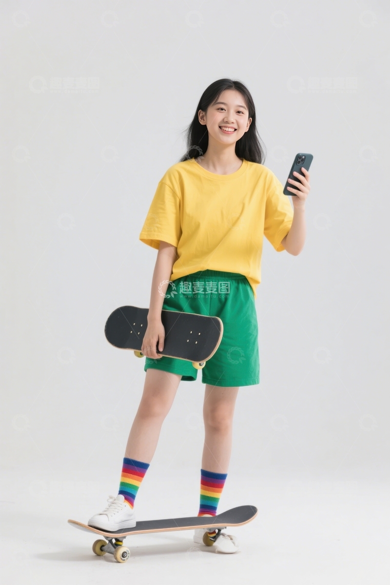 高清大图下载【趣麦麦图】彩袜少女与滑板时光