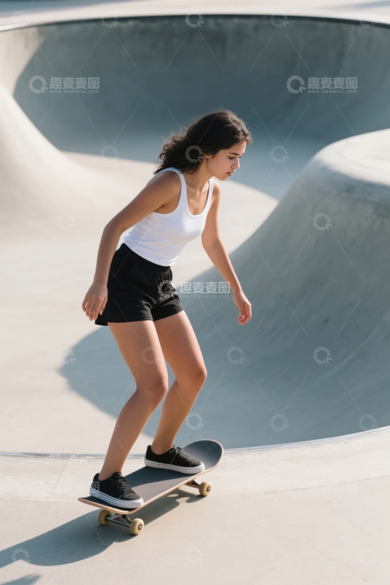 高清大图下载【趣麦麦图】活力少女滑板场滑行