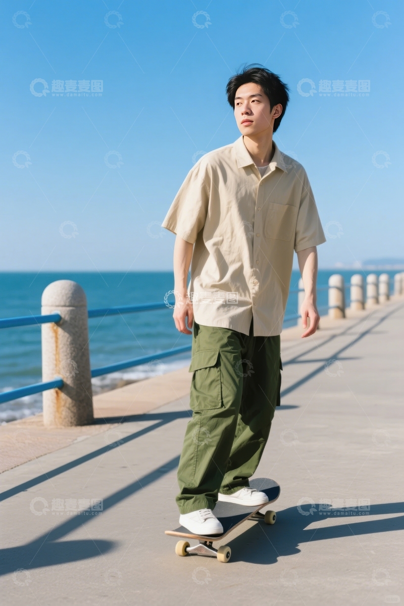 高清大图下载【趣麦麦图】男子海边道路滑板悠然滑行