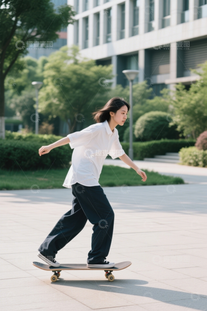 高清大图下载【趣麦麦图】简约风女子滑板滑行