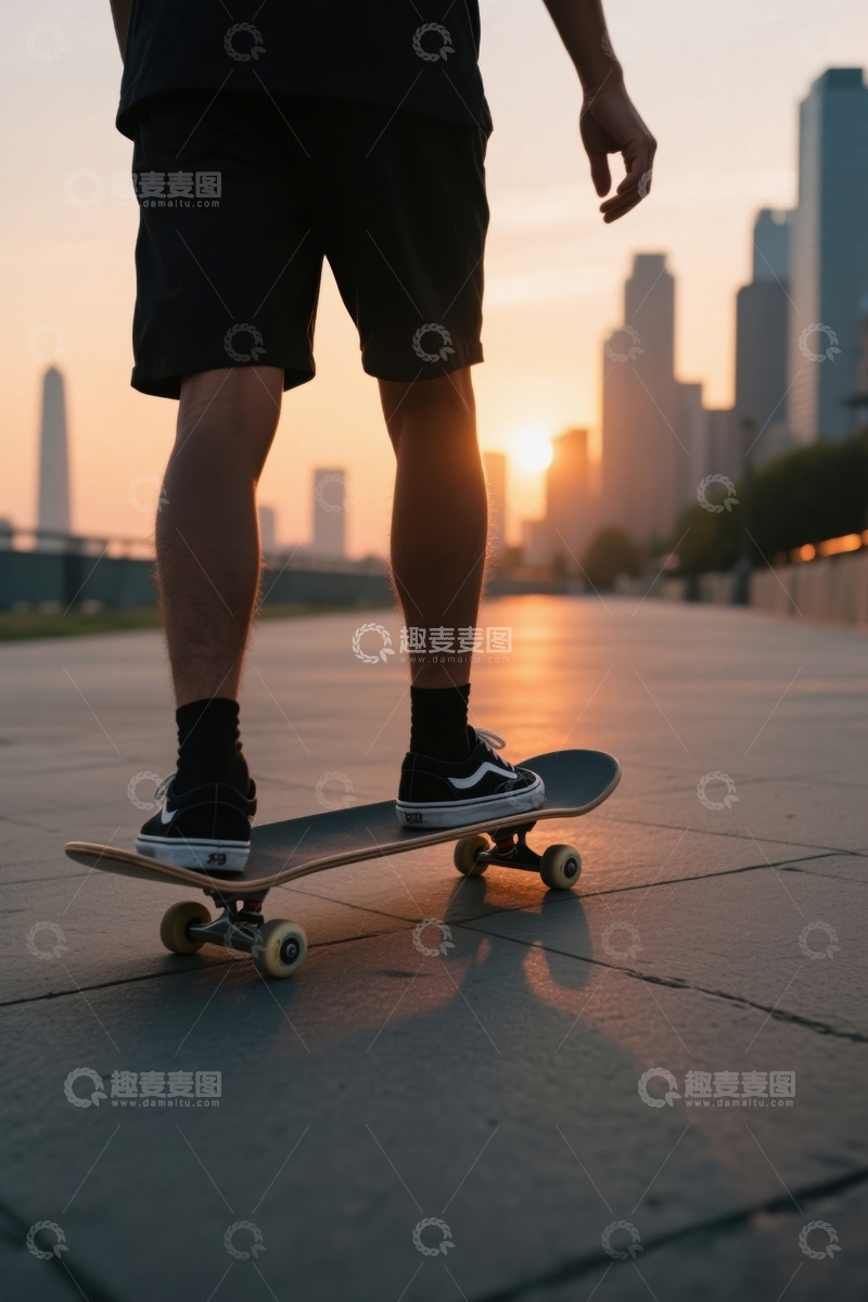 高清大图下载【趣麦麦图】都市男子夕阳滑板影